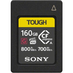 Offering both strength and speed, the Sony 160GB CFexpress Type A TOUGH Memory Card provides fast read speeds up to 800 MB/s along with write speeds up to 700 MB/s. This quick